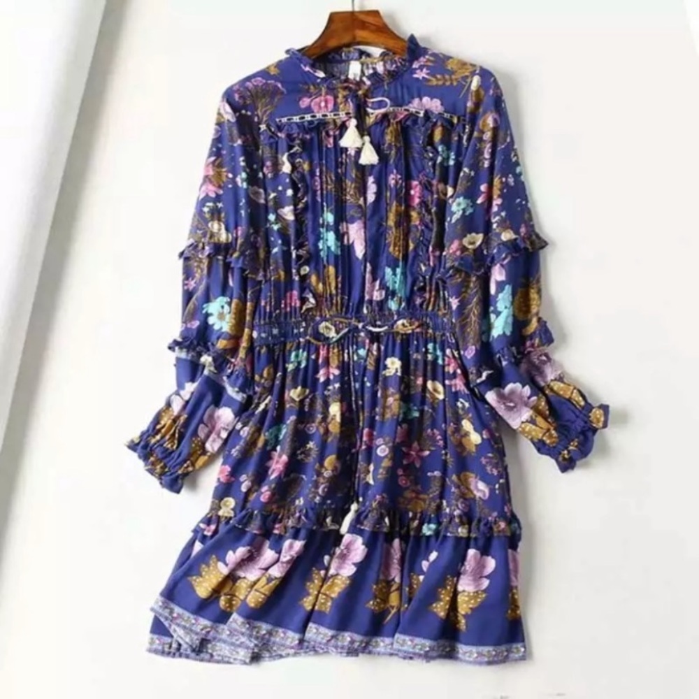 Floral Ruffle Long Sleeve Fall Boho Mini Dress - Picture 2 of 6